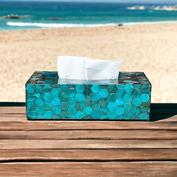 Mother pearl inlay tissue box aqua color, rectangle tissue box holder, luxurious tissue box cover, nacre tissue box, napkin case holder