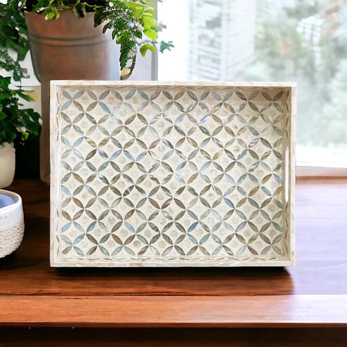 Mother of Pearl Inlay Tray with Handles Ocean Blue Geometric Mosaic Rectangle Serving Tray Coffee Table Decor Luxury Housewarming Gift Ideas