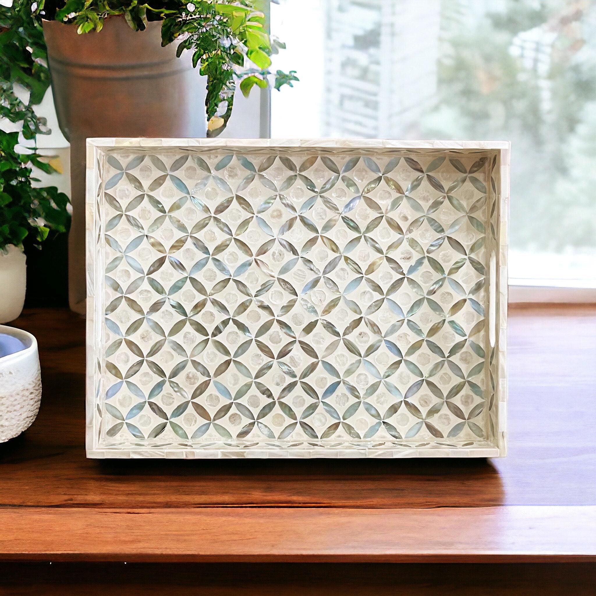 Ocean Blue Pattern Ivory Mother pearl inlay rectangular tray, serving breakfast tray, coffee table tray, decorative tray, housewarming gift