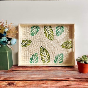 Green Leaf Capiz Shell Tray with Handles: Rectangular Pearl Ivory Serving or Vanity Tray, Handmade Coastal Décor