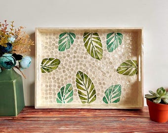 Green Leaf Capiz Shell Tray with Handles: Rectangular Pearl Ivory Serving or Vanity Tray, Handmade Coastal Décor