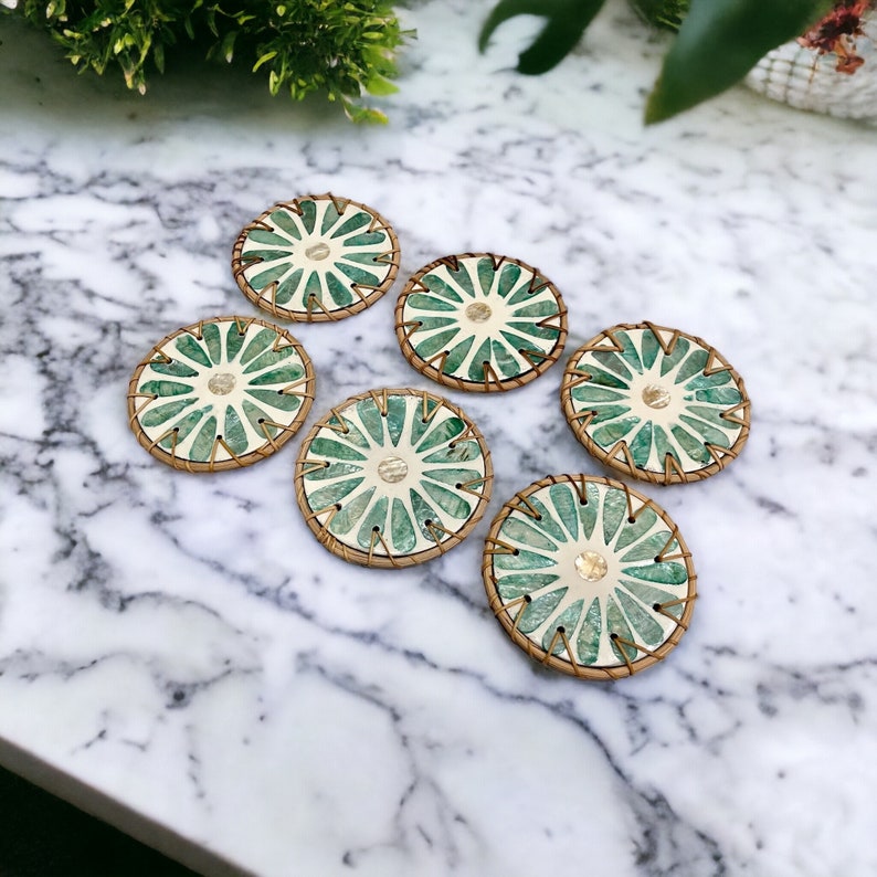 Hand-woven Rattan and Mother of Pearl Inlay Coasters Set of 6pc and holder, Decoration Coasters, Green Daisy Flower Round coaster image 3