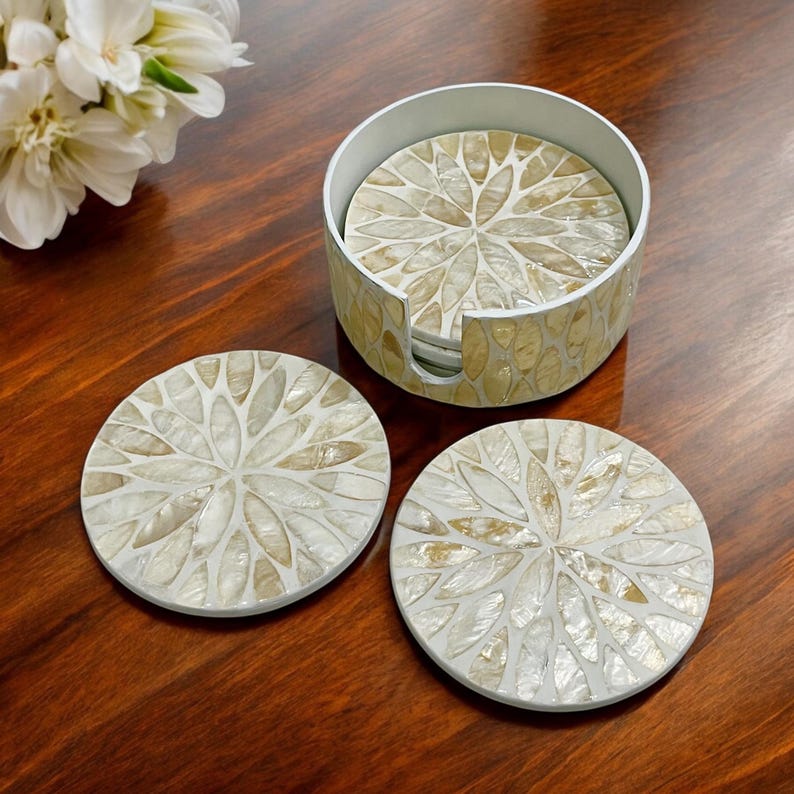Shell Coaster Design Handmade Capiz Shell Coaster Set: Elegant Leaf Design, Gold & White - Etsy