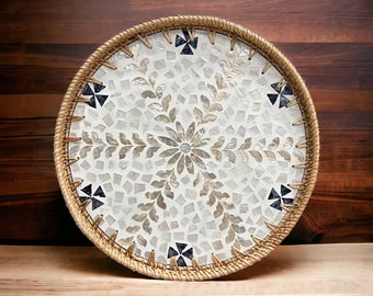Black White Gold flower Hand-woven Rattan Mother Pearl Inlay Serving Tray, Coffee table tray, Round Decoration tray, Candle Nightstand Tray
