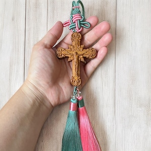 Handmade Wooden Cross Car Charm: Catholic Rearview Mirror Ornament