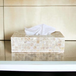 White ivory mosaic mother of pearl inlay rectangle tissue box holder, luxurious tissue box cover, nacre tissue box, napkin case holder