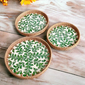Hand-woven Rattan and Mother Pearl Inlay Serving Tray, Coffee table tray, Round Decoration tray Green leaves pattern, Jewelry Bracelet Tray