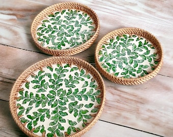 Hand-woven Rattan and Mother Pearl Inlay Serving Tray, Coffee table tray, Round Decoration tray Green leaves pattern, Jewelry Bracelet Tray