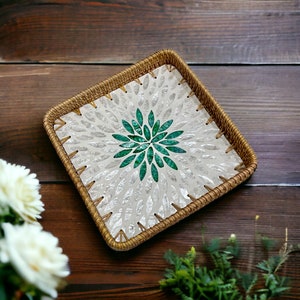 Hand-woven Rattan and Mother Pearl Inlay Serving Tray, Coffee table tray, Square Decoration tray Green flower Spring, Jewelry Bracelet Tray