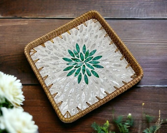 Hand-woven Rattan and Mother Pearl Inlay Serving Tray, Coffee table tray, Square Decoration tray Green flower Spring, Jewelry Bracelet Tray