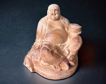 God Of Wealth Statue Made By Unfinished Fragrant Wood, Smiling Maitreya Buddha, Lucky Fengshui Laughing Happy Buddha Figurine Brings Fortune