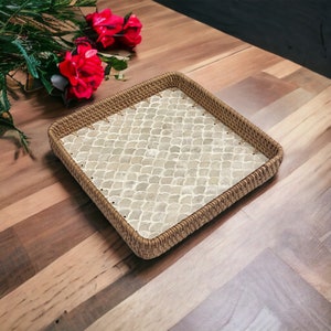 Hand-woven Rattan White Mother Pearl Inlay Serving Tray, Coffee table tray, Square Decoration tray, Tea Cocktail tray, Jewelry Bracelet Tray