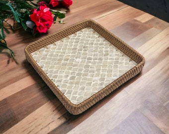 Hand-woven Rattan White Mother Pearl Inlay Serving Tray, Coffee table tray, Square Decoration tray, Tea Cocktail tray, Jewelry Bracelet Tray