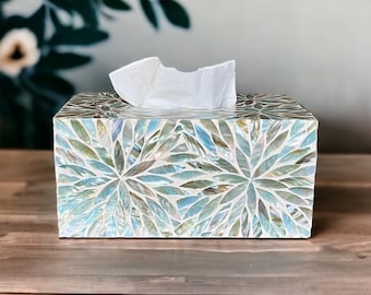 Mother pearl tissue box floral pattern, lacquer rectangle tissue holder, luxurious tissue box cover, nacre tissue box, napkin case holder