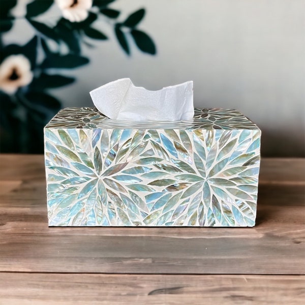 Mother pearl tissue box floral pattern, lacquer rectangle tissue holder, luxurious tissue box cover, nacre tissue box, napkin case holder