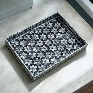 Black Star Flowers Mother pearl inlay rectangle tray, serving tray, breakfast tray, coffee table tray, decorative tray, housewarming gift