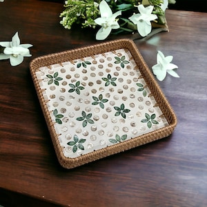 Hand-woven Rattan Mother Pearl Inlay Serving Tray, Coffee table tray, Square Decoration tray white and green flower, Jewelry Bracelet Tray