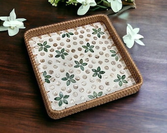 Hand-woven Rattan Mother Pearl Inlay Serving Tray, Coffee table tray, Square Decoration tray white and green flower, Jewelry Bracelet Tray