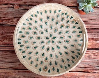 Mother of Pearl Inlay Serving Tray: Peacock Tail Pattern, Handmade Vietnamese Decor