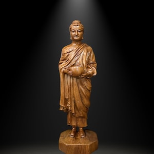 Wooden Standing Buddha Holding Alms Bowl, Shakyamuni Buddha, Small Buddha Statue, Buddhist Figurines, Indoor Buddhist Decor, Spiritual Gift