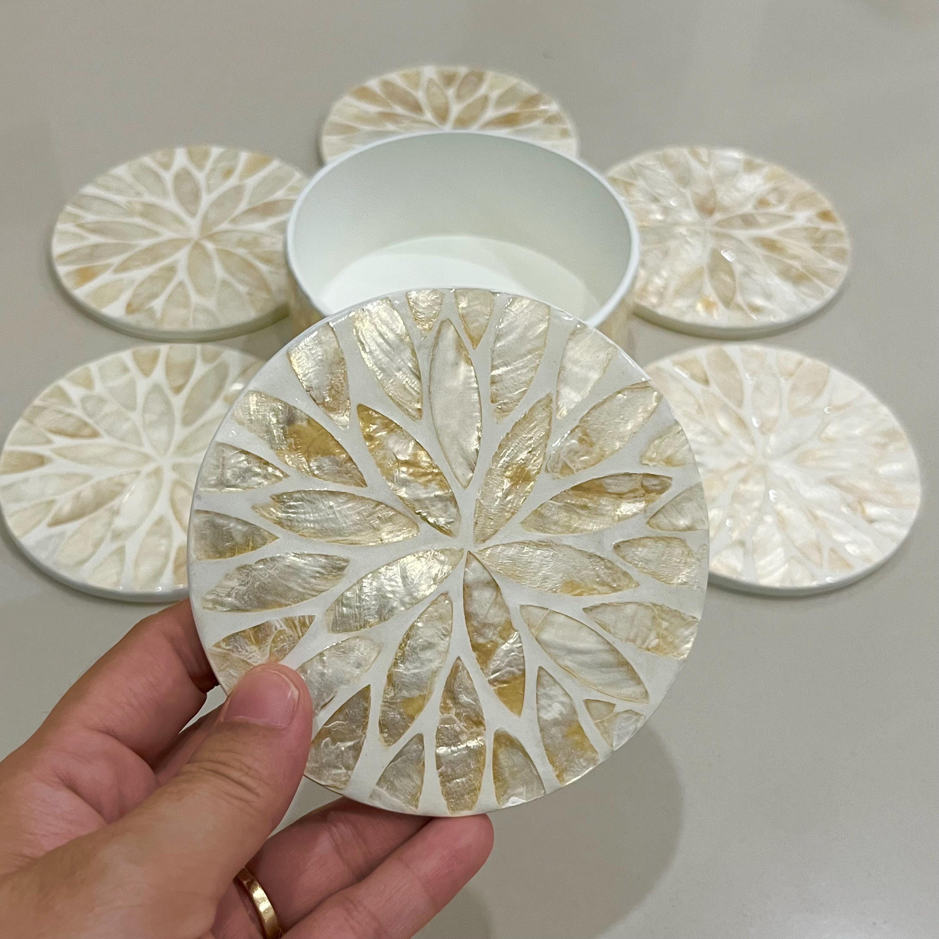 Shell Coaster Design Handmade Capiz Shell Coaster Set: Elegant Leaf Design, Gold & White - Etsy