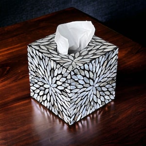 White Mother of pearl inlay black  tissue box, square cube tissue holder, luxurious tissue box cover, nacre tissue box, napkin case holder