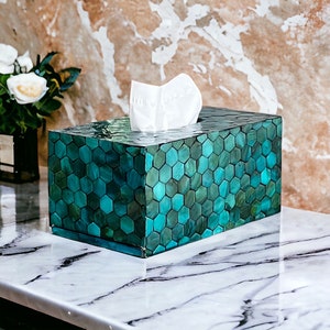 Mother pearl tissue box blue color bee hive pattern, luxurious lacquer rectangle tissue holder, nacre tissue box cover, napkin case holder