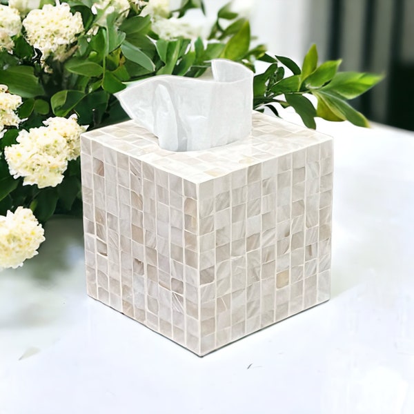 Mother pearl tissue box white mosaic pattern, square cube tissue holder, luxurious tissue box cover, nacre tissue box, napkin case holder