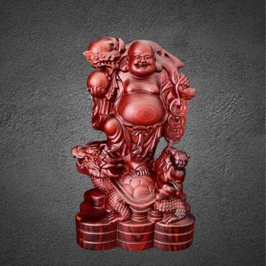 Estatua del Dios de la Riqueza hecha de madera dura de Sitan de Techicai, Buda Maitreya sonriente de pie sobre Qilin, figura de Buda feliz que trae fortuna