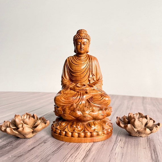 Wooden Buddha Statue: Lotus Base, Yoga Decor - Etsy