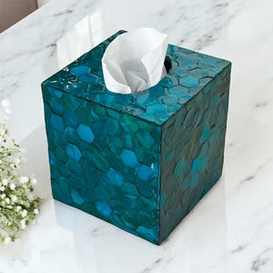 Mother pearl tissue box cover blue teal color bee hive pattern, luxurious square cube tissue holder, nacre tissue box, napkin case holder