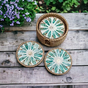 Hand-woven Rattan and Mother of Pearl Inlay Coasters Set of 6pc and holder, Decoration Coasters, Green Daisy Flower Round coaster image 1