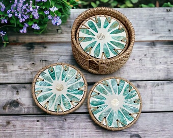 Hand-woven Rattan and Mother of Pearl Inlay Coasters Set of 6pc and holder, Decoration Coasters, Green Daisy Flower Round coaster