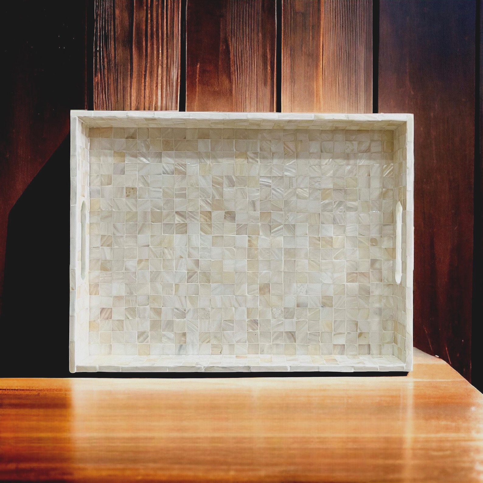 Ivory Mother pearl tray, square mosaic rectangle serving tray, breakfast tray, coastal coffee table tray, decorative tray, housewarming gift