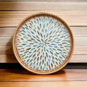 Aqua flower Hand-woven Rattan & Mother Pearl Inlay Serving Tray, Coffee table tray, Ocean Blue Round Decoration tray, Jewelry Bracelet Tray