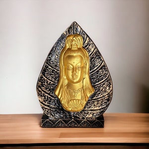 Hand painting 3D Debossed Face of Guan Yin Inside Bodhi leaf, Yoga Decor, Buddhist Art Feng Shui, Meditation, Zen Buddha Statue, Buddha Art