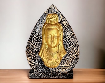 Hand painting 3D Debossed Face of Guan Yin Inside Bodhi leaf, Yoga Decor, Buddhist Art Feng Shui, Meditation, Zen Buddha Statue, Buddha Art