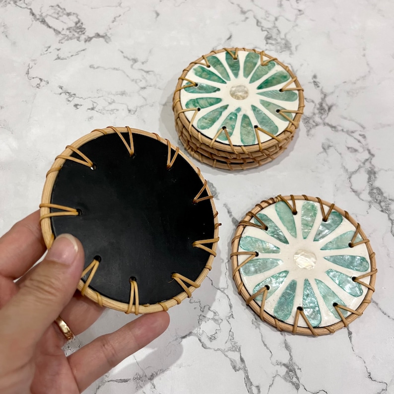 Hand-woven Rattan and Mother of Pearl Inlay Coasters Set of 6pc and holder, Decoration Coasters, Green Daisy Flower Round coaster image 5