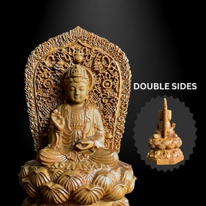Double-sided Wooden Sitting Guan Yin Bodhisattva Statue, Quan Yin Small Statue, Yoga Decor, Buddhist Art Feng Shui, Meditation Statue