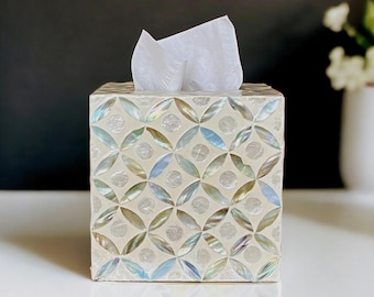 Mother of Pearl Inlay Tissue Box Cover Square Cube Tissue Holder Geometric Ivory Blue Nacre Luxury Bathroom Vanity Decor Housewarming Gift