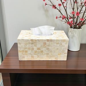 Mother of Pearl Rectangular Tissue Box Cover – Pearl White Handmade Decor