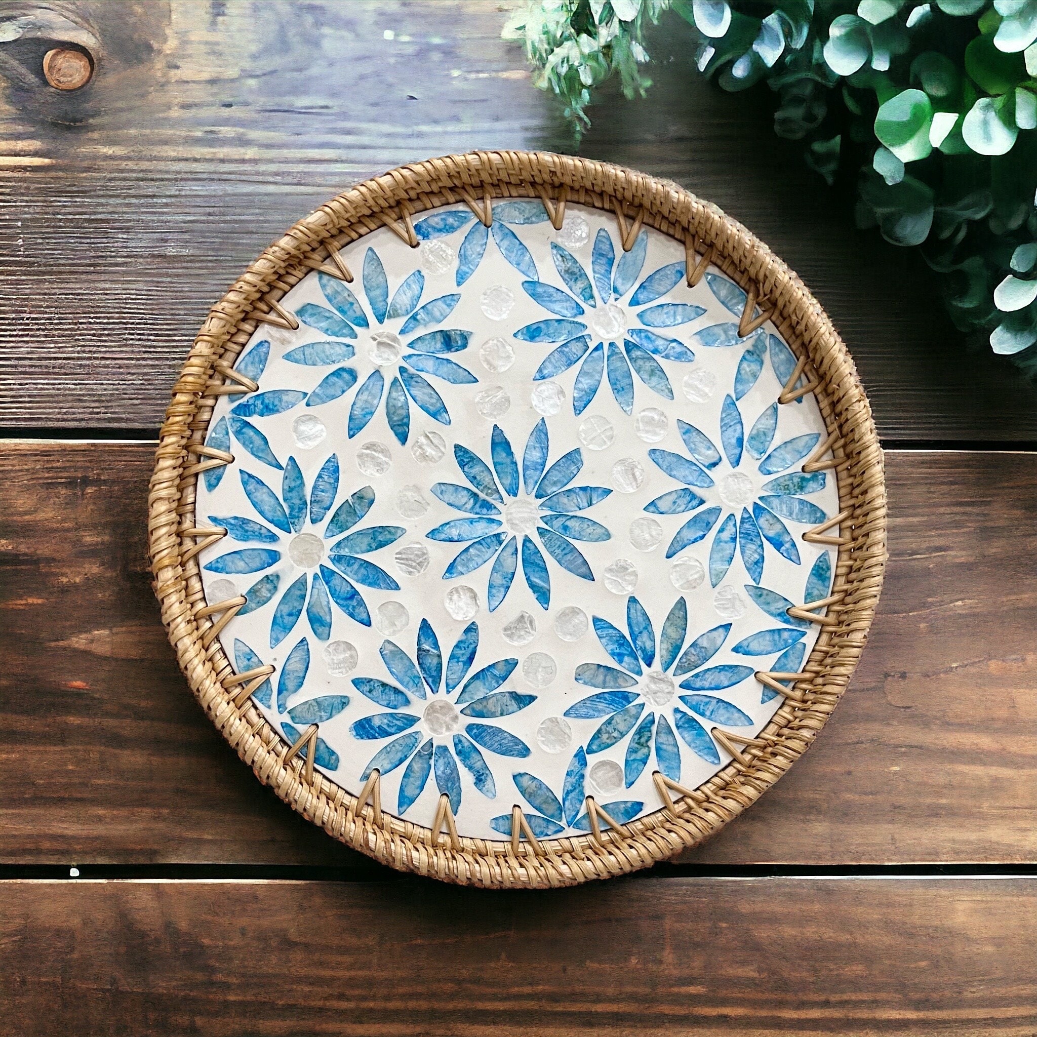Hand-woven Rattan and Capiz Shell Inlay Serving Tray, Coffee Tea Drink ...