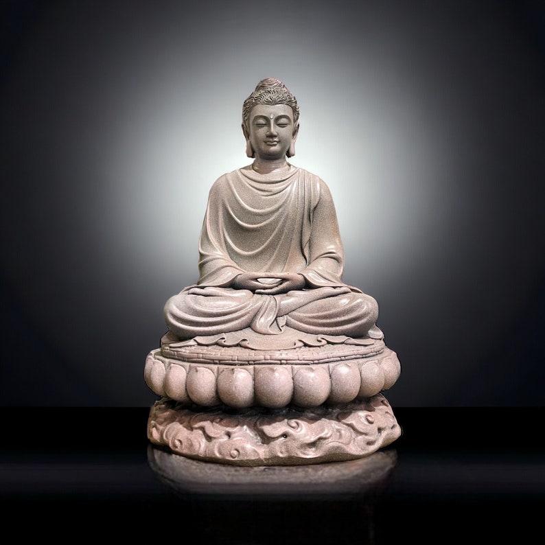Big Heavy Gautama Buddha Statue made of Artificial Stone Antique Color, Shakyamuni Meditation Sculpture, Indoor Outdoor Buddhist Decoration image 11