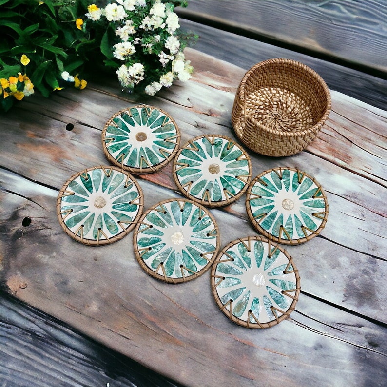 Hand-woven Rattan and Mother of Pearl Inlay Coasters Set of 6pc and holder, Decoration Coasters, Green Daisy Flower Round coaster image 2