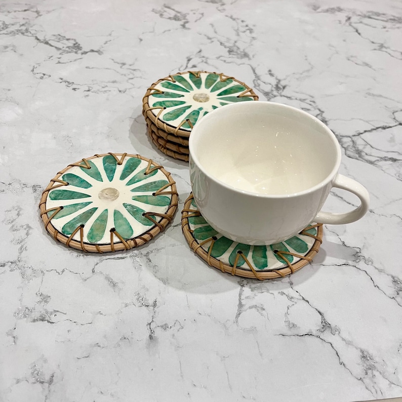 Hand-woven Rattan and Mother of Pearl Inlay Coasters Set of 6pc and holder, Decoration Coasters, Green Daisy Flower Round coaster image 7
