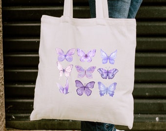 Purple Butterfly Print Tote Bag Reusable Cotton Canvas Tote Bag with Purple Butterfly Wings Insect Gift for Her Butterfly Gifts for Women