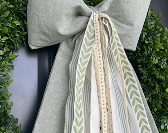 Sage Green Wreath Bow | Luxury Front Door Bow | Neutral Farmhouse Wreath Sash | Designer Boxwood Wreath Decor | Year Round Porch Decor