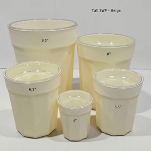 May include: A set of five beige planters labeled Tall SWP - Beige, with heights of 9.5 inches, 8 inches, 6.5 inches, 5.5 inches, and 4 inches. Each planter features a smooth, tapered cylindrical body with a clear rim at the top edge.