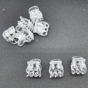 May include: A collection of clear, small plastic hair clips. The clips are designed with a claw-like grip, ideal for securing hair. The transparent material allows the natural hair color to show through, offering a subtle, versatile accessory.