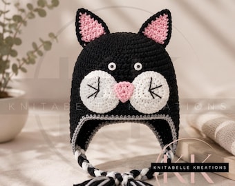 Black Cat Crochet Hat, Handmade Knit Beanie, Cat Ears, Children's Winter Warmth